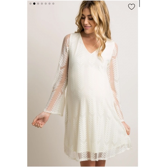 Ivory Chevron Mesh Overlay Maternity Dress - Picture 2 of 9